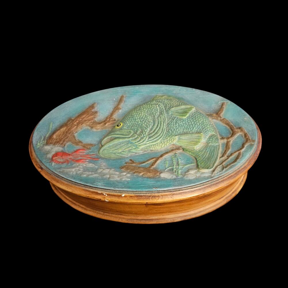 Vintage 1993 Ceramic Bass Fish Crawfish Trinket Box Rustic Fishing Decor